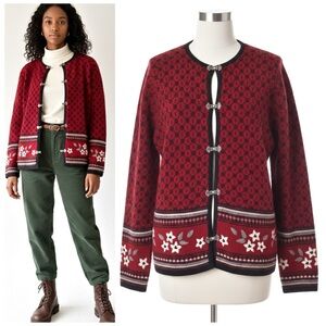 Woolrich Vintage 90s Ruby Red Wool Cardigan Jacket Nordic Folk Made in Japan L